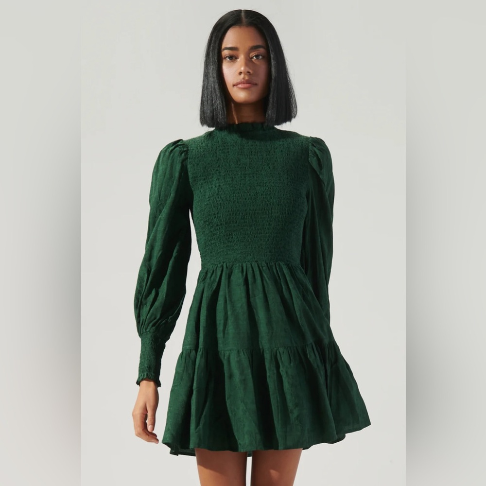 Elizabeth High Neck Smocked Mini Dress with Long Sleeves - Emerald